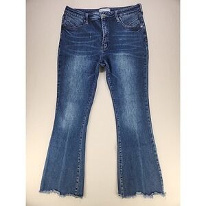 Kancan Jeans Women's Size 32x30 High Rise Flare Raw Hem Medium Wash Denim